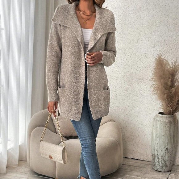 . Sweaters - Khaki Casual Womens Dual Pocket Belted Cardigan